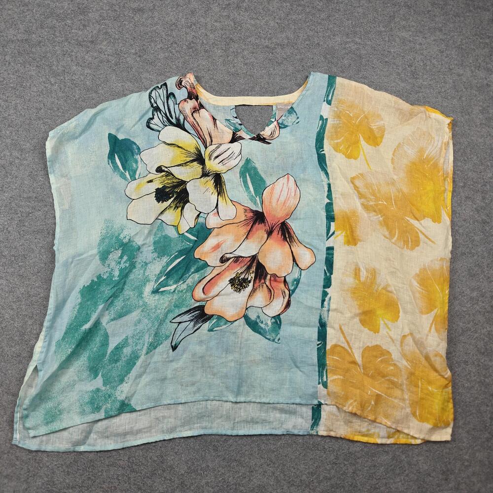 Chico's Blouse Womens Large/XL Blue Floral Tunic Linen Keyhole Lightweight